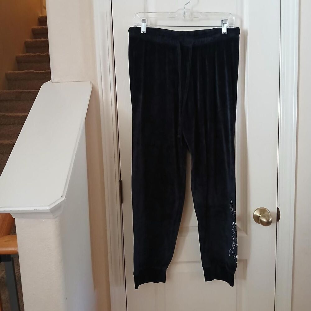 Y2K Mcbling Juicy Couture Black Velour Jogger Sweatpants Rhinestone Bling Logo L
